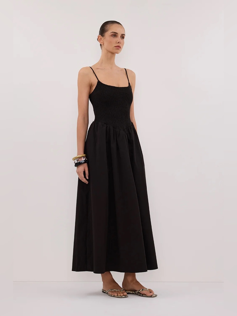 DISSH 4 Milano Black Cotton Midi Dress Smocked